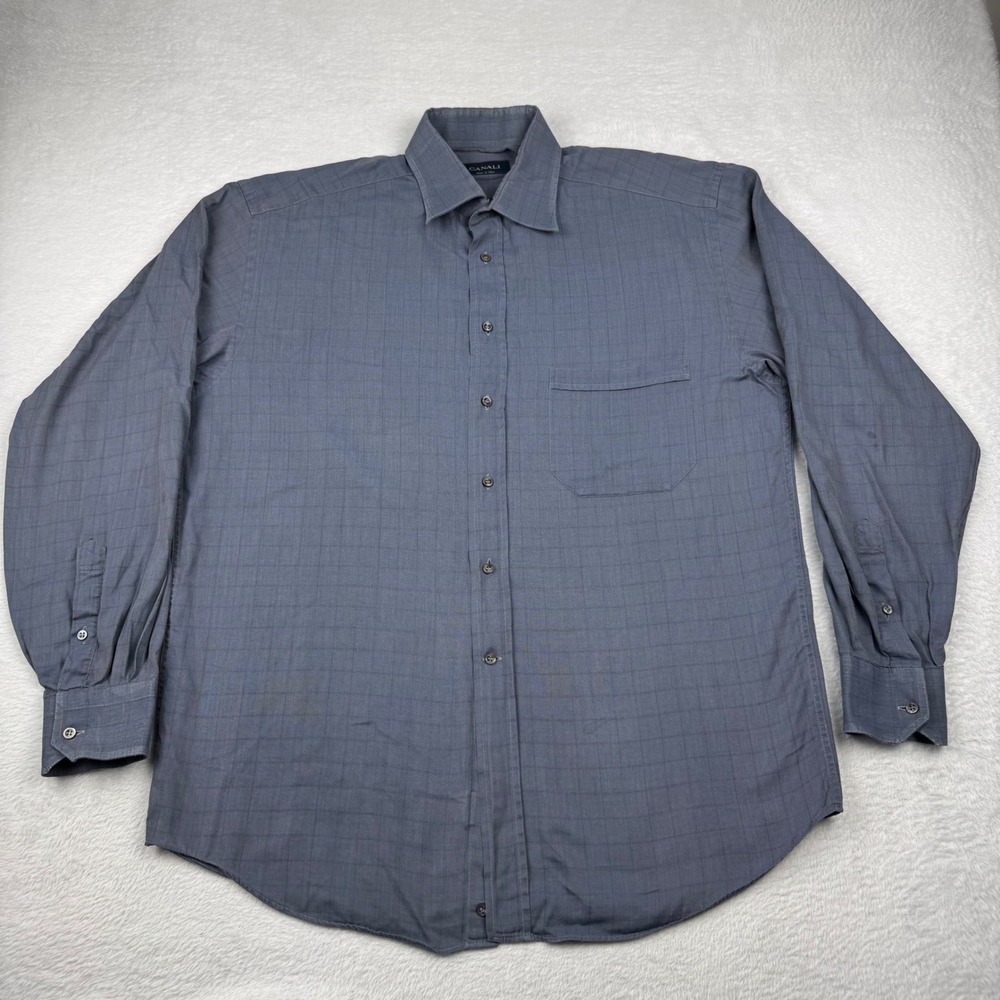 Canali Button Down Shirt Mens XL Grey Grid Long Sleeve Made in Italy Luxury